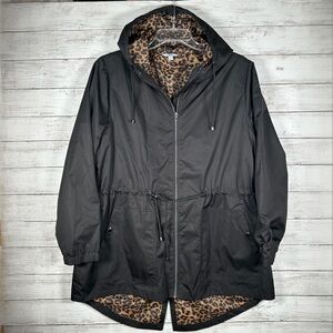 Time and Tru Black Leopard Lined Anorak Windbreaker Rain Jacket 1X (16-18)